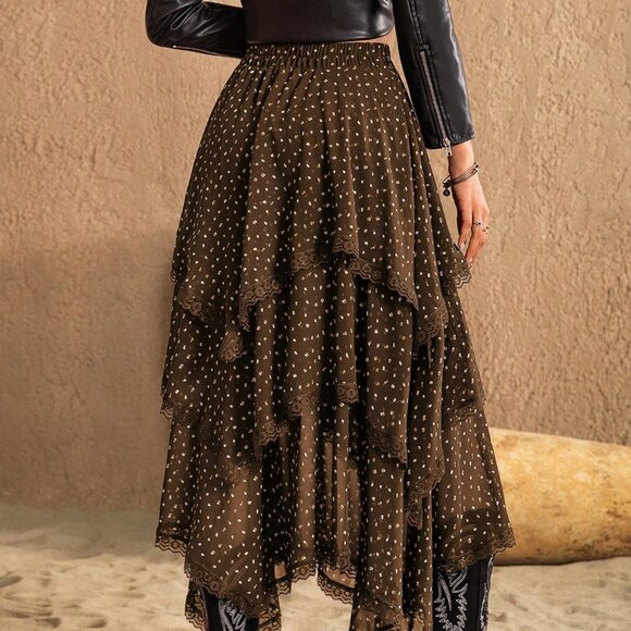 Brown Casual Women's Polka-Dot Asymmetric Skirt - Picture 2 of 8